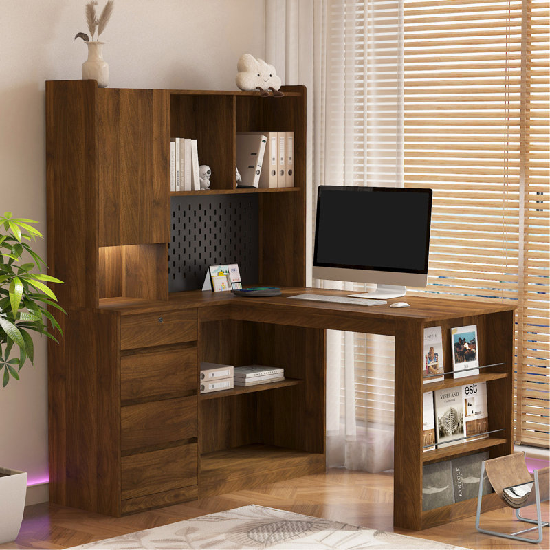 Bureau en L, bureau d'ordinateur avec tiroirs, bibliothèque, avec lumière DEL, Brown