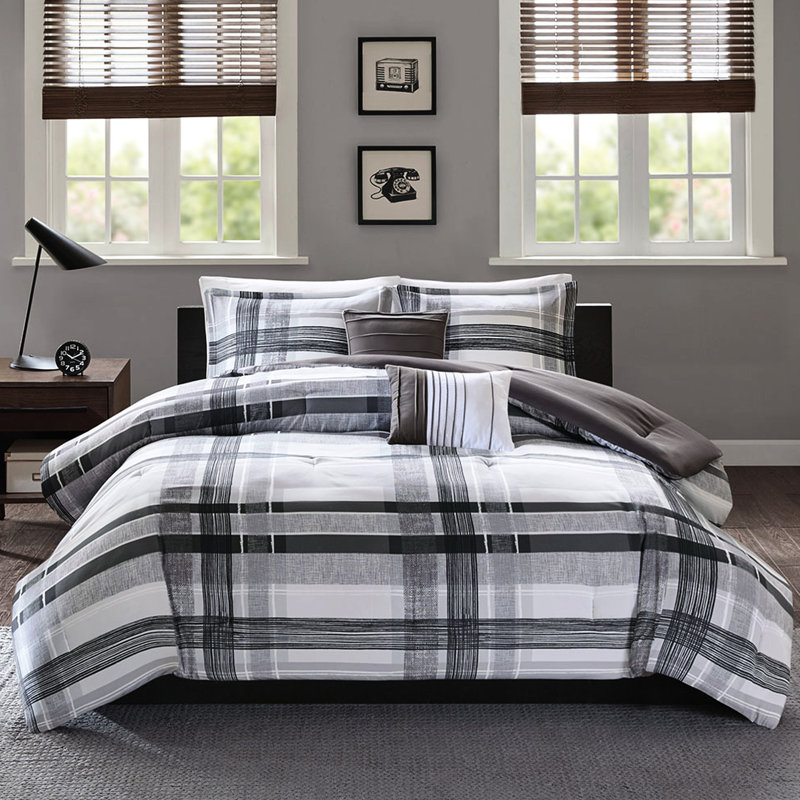 Édredon pour lit simple / simple TG - Tissu écossais noir et gris avec coussins décoratifs en tissu doux Lavable à la machine
