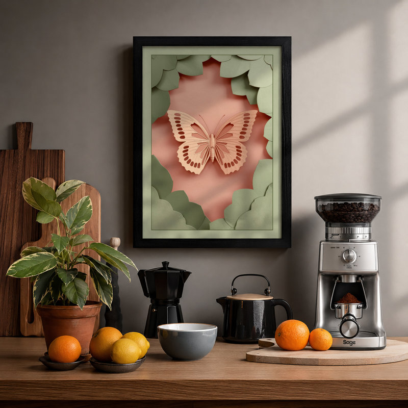 Layered Butterfly Botanical - Framed Print, A4 - 29.7 x 21.0 cm, Black