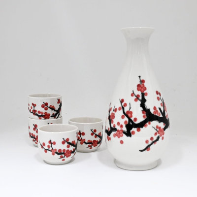 Ensemble de 4 flacons à saké en porcelaine blanche et rose