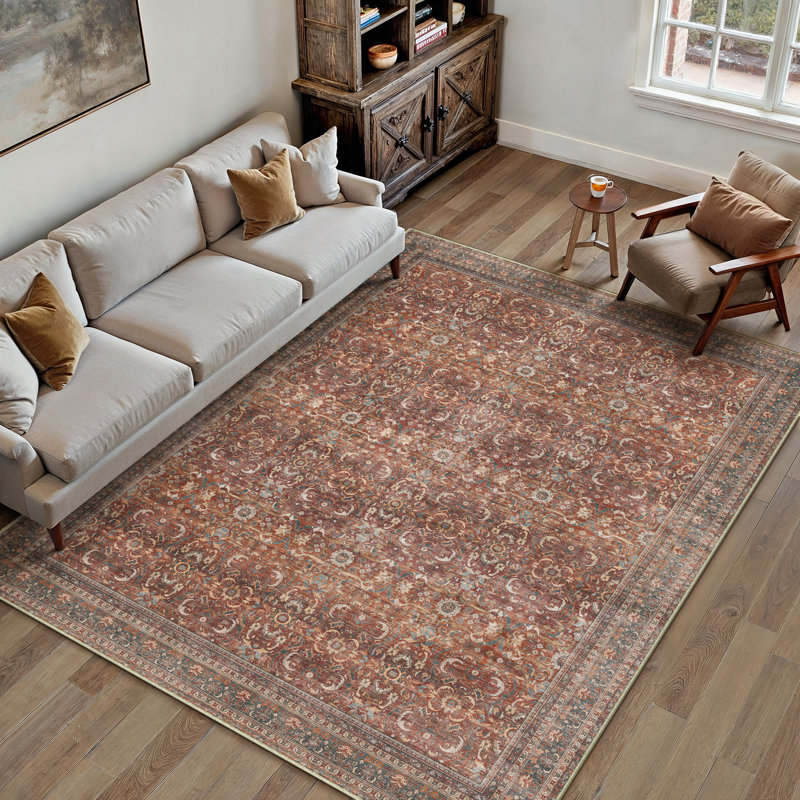 Machine Washable Vintage Floral Area Rug With Non-Slip Rubber Backing, Rectangle 5' x 7'