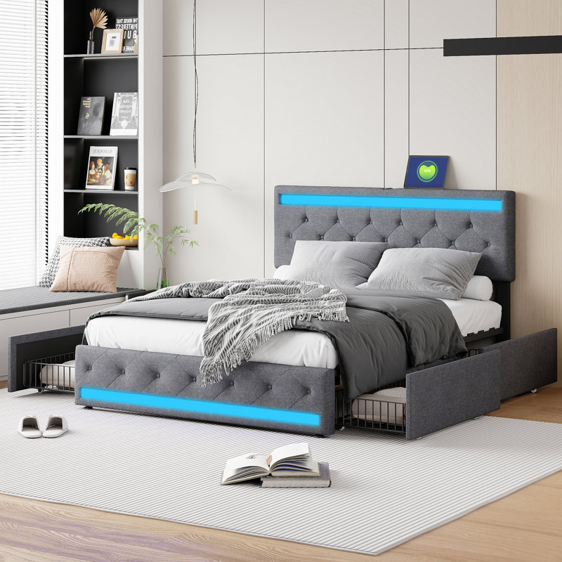 Storage Bed with Drawers, LED Lights and USB-C Charging Port, Tufted Fabric Upholstered Platform Bed, Quiet Slat Support