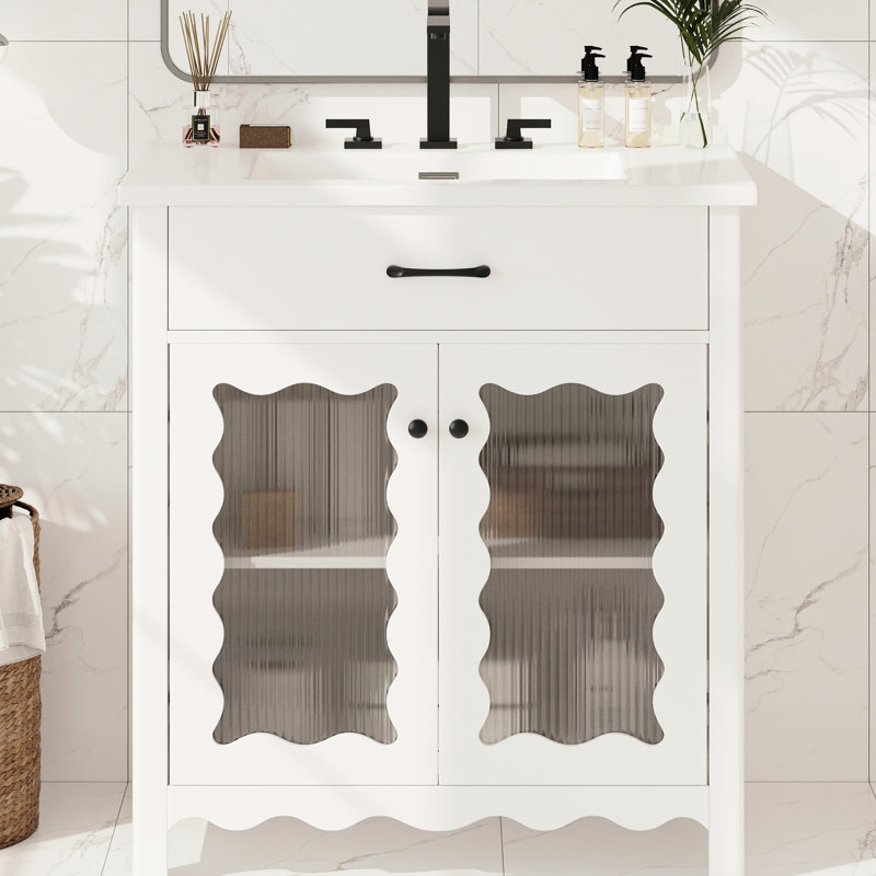 Meuble-lavabo de 31 po avec verre trempé, tablettes réglables et profil incurvé pour un profil serein de 31 pouces, portes à fermeture en douceur, lavabo en céramique luxueux