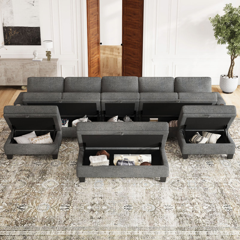 Anjana Jenette Large Chenille Modular Storage Couch U Shaped Modular Sofa With Removable Washable Cushion And Movable Storage Ottomans And Cup Holder