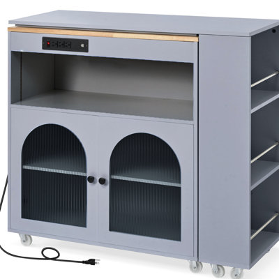 Kitchen Island With Led Lights & Power Outlets, Grey Color, Fluted Glass Doors, And Spacious Storage Compartment Rolling Storage, Electrical Socket