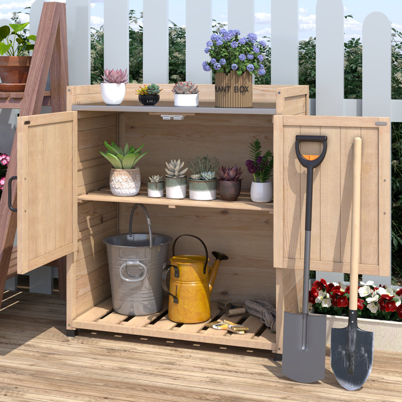 Outdoor Wooden Storage Cabinet With Adjustable Shelf, Natural Wood