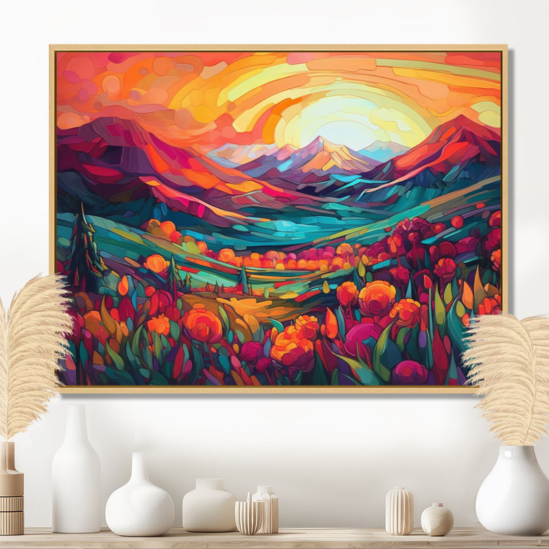 «Vibrant Sunset Shining Over Mountains I», art sur toile, H 30 po x l 40 po x P 1,5 po, Cadre flottant érable