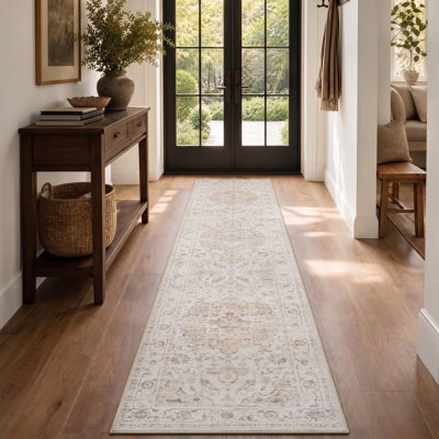 Soft Vintage Floral Washable Area Runner Rug With Non-Slip Backing