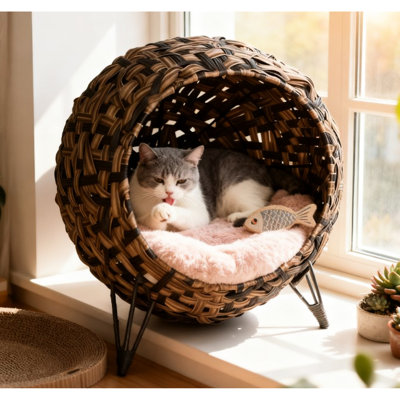 Hand-woven Braided Banana Leaf Kitten House , Elevated Bed With Cushion For Indoor Felines, Brown And Metal Tripod Balance Cat Cushion, Pets, Suitable Cats Less Than 11 Pounds, Color Structure