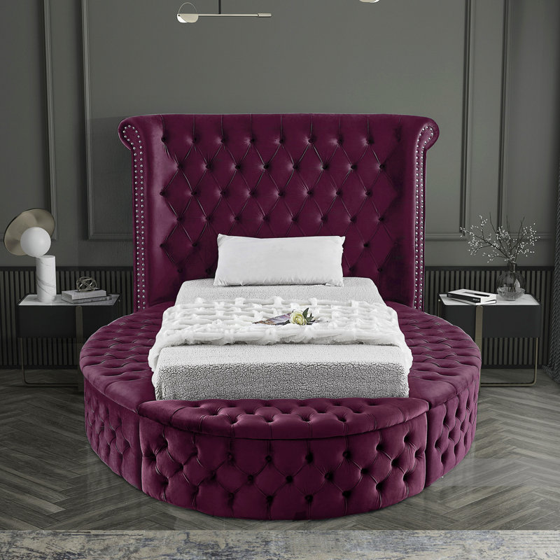 Lit plateforme tapissier avec rangement capitonné Dorgan, Simple, Velours mauve