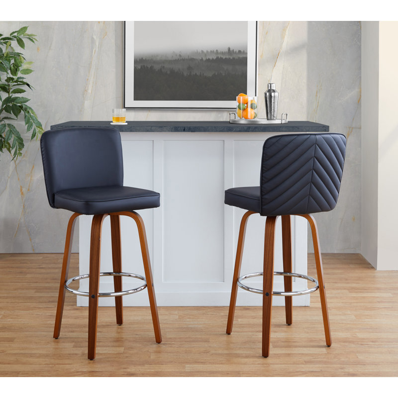 Huxley 30" Fixed-Height Bar Stools with Bent Wood Legs and Round Footrest, Bar Stool (30.75" Seat Height), Black Faux Leather