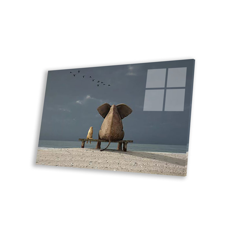 Éléphant et chien assis sur une plage, impression sur verre acrylique, H 16 po x l 24 po x P 0,25 po