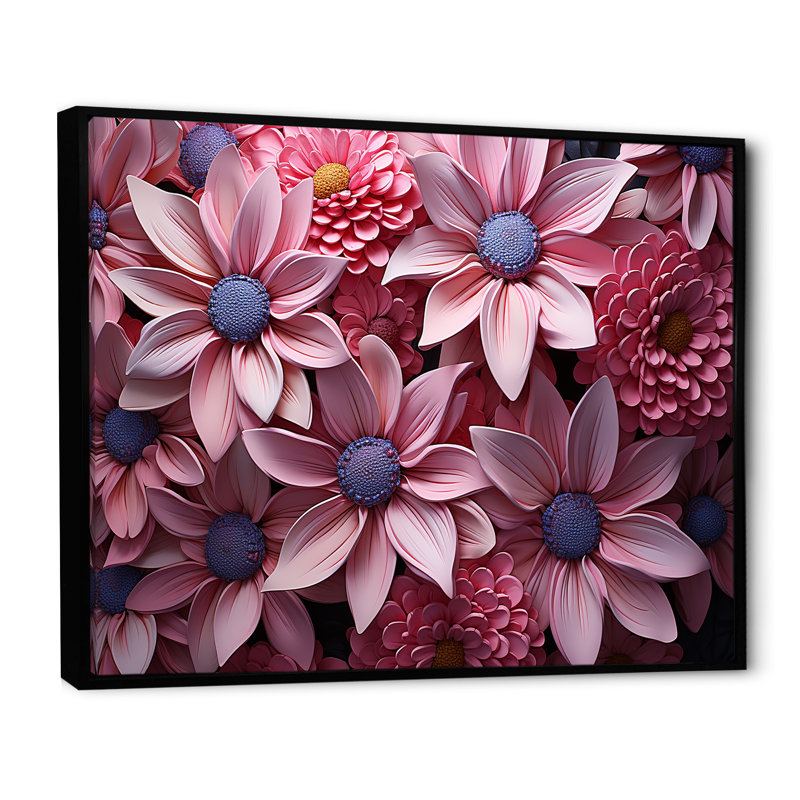 Harmonie de marguerites roses III, L 32 po x H 16 po x P 1 po, Cadre flottant noir