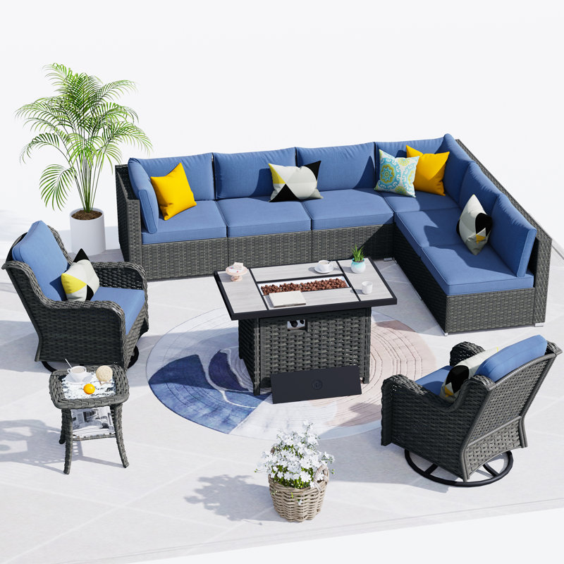 Ralfs 8 - Person Modular Patio Conversation Set with Cushions, Denim Blue