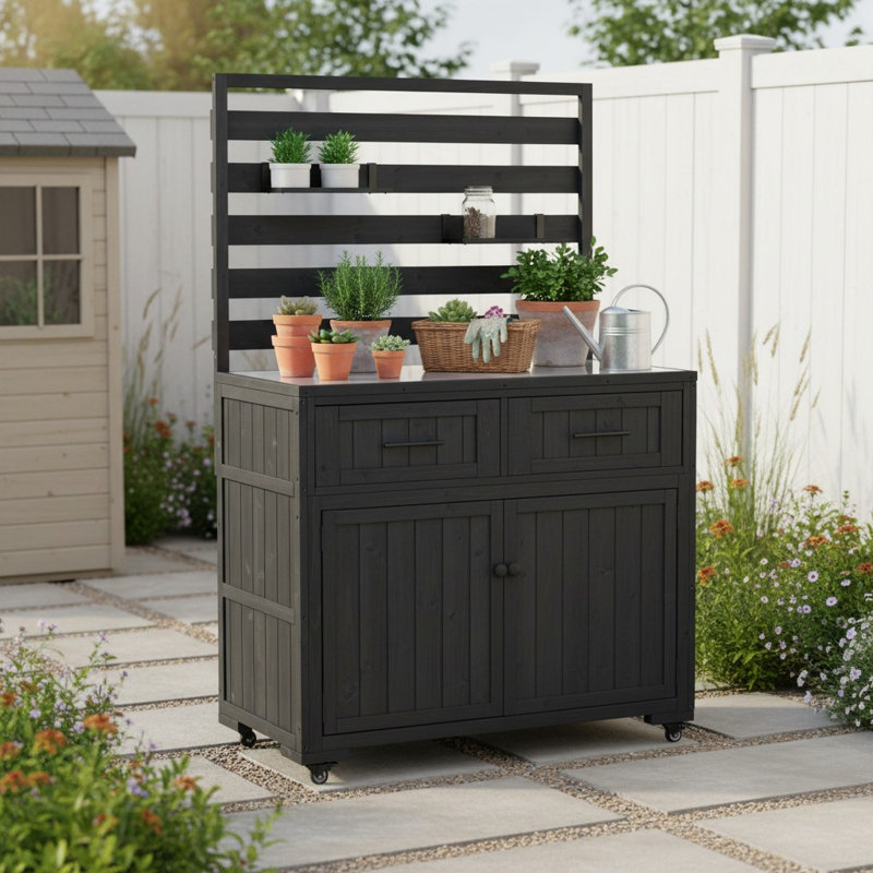 Table de jardin en pot, poste de travail à plateau en acier inoxydable, bois massif, armoire et tiroirs, maison de campagne, extérieur