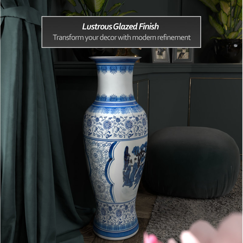 36" Floral Blue & White Porcelain Tung Chi Vase, Blue Courtyard