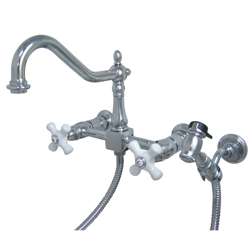 Kingston Brass Heritage Double-Handle 3-Hole Wall-Mount Bridge Kitchen Faucet with Brass Sprayer, Polished Chrome