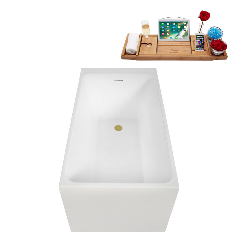 51" Streamline Soaking Glossy White Acrylic Freestanding Bathtub, Bamboo Tray, Drain, Brushed Gold