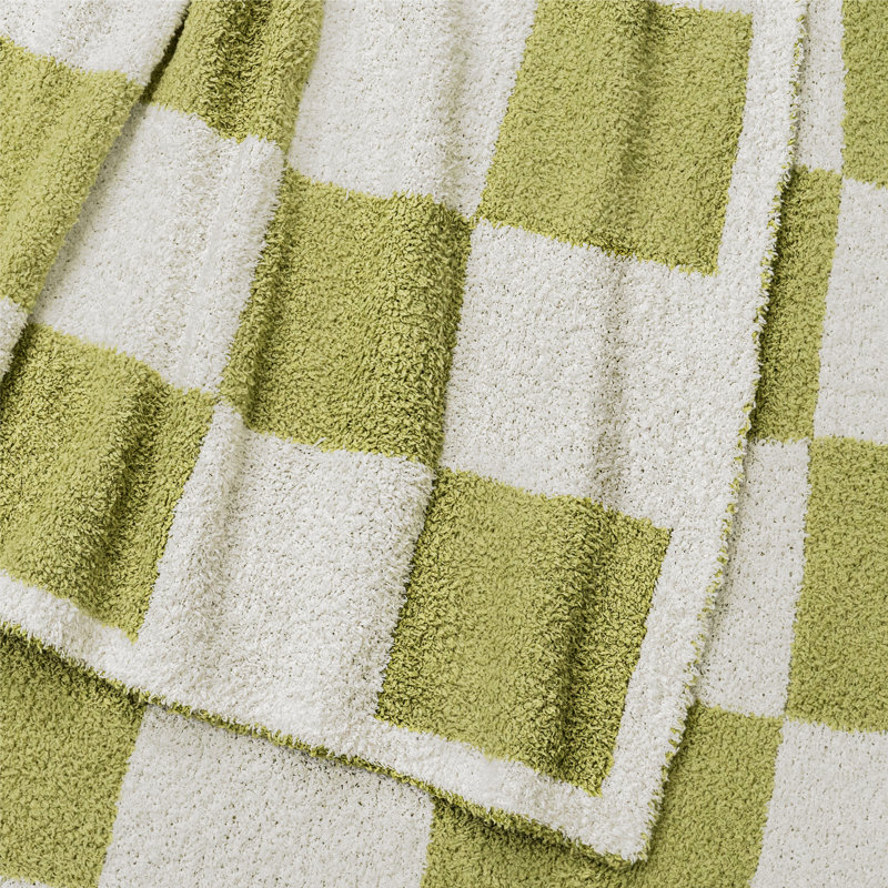 Sage Green and White Checkered Fleece Throw Blanket