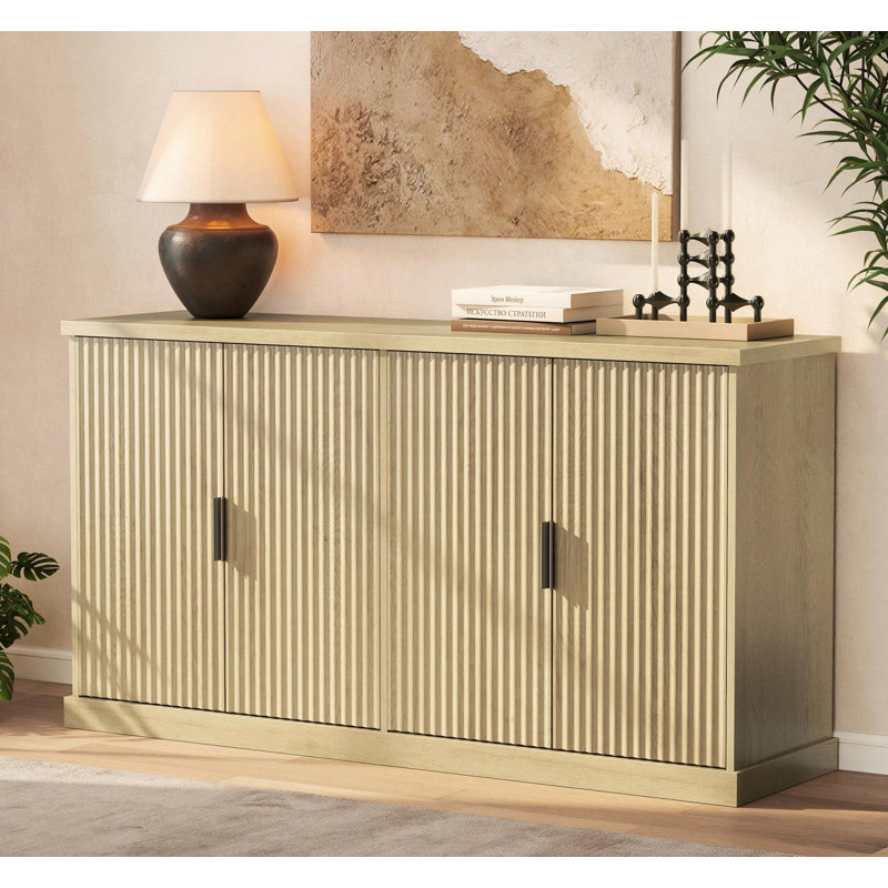 58.3"W Buffet Cabinet, Sideboard, Console Cabinet With Adjustable Shelves, Fluted Doors, Beige
