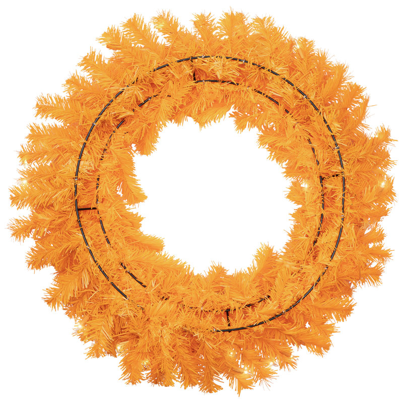 Pre-Lit Artificial Pine Christmas Wreath - Clear Lights, Orange, 24" H x 24" W x 5" D