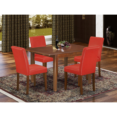 5 Piece Dining Table Set Includes a Rectangle Kitchen Table with Butterfly Leaf and 4 Firebrick Red Faux Leather Upholstered Chairs, 36x54 Inch, Mahogany