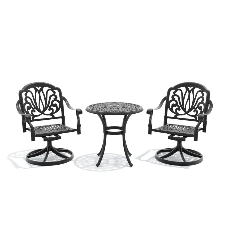 Ensemble de salle à manger d'extérieur 3 pièces en aluminium coulé avec 2 chaises pivotantes et une table, noir