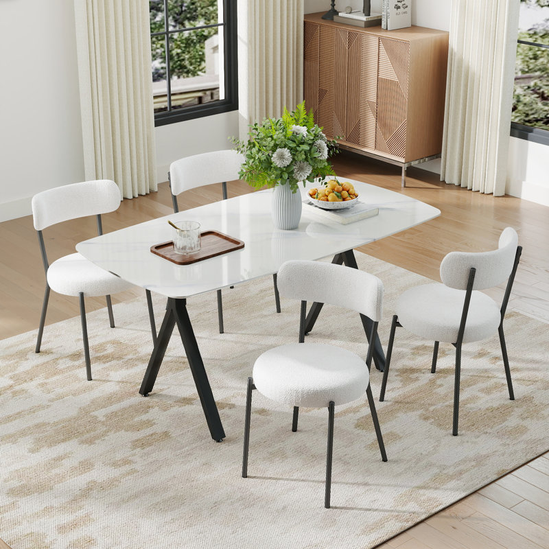 Ensemble de salle à manger moderne 5/7 pièces, table en verre trempé à motif X-Marble et chaises en peluche 4/6 Design compact pour une salle à manger et une cuisine compactes
