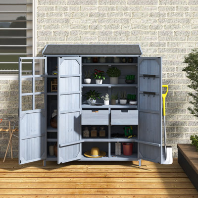 Large Patio Garden Shed In Gray With Waterproof Roof｜60.6X19.3X71.6 Inch ｜ 7 Storage Shelves ｜3 Doors Storage Cabinet With Workstation｜2 Drawers And 6 Hooks For Backyard｜Spacious And Versatile