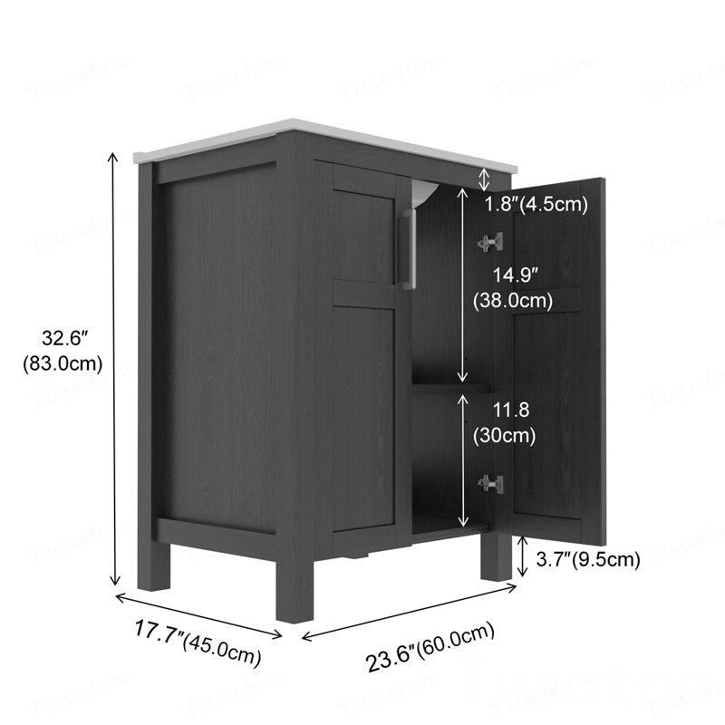 L'armoire de salle de bain de 24 pouces, jumelée à un lavabo en céramique, présente un design moderne et est faite de matériaux imperméables et durables