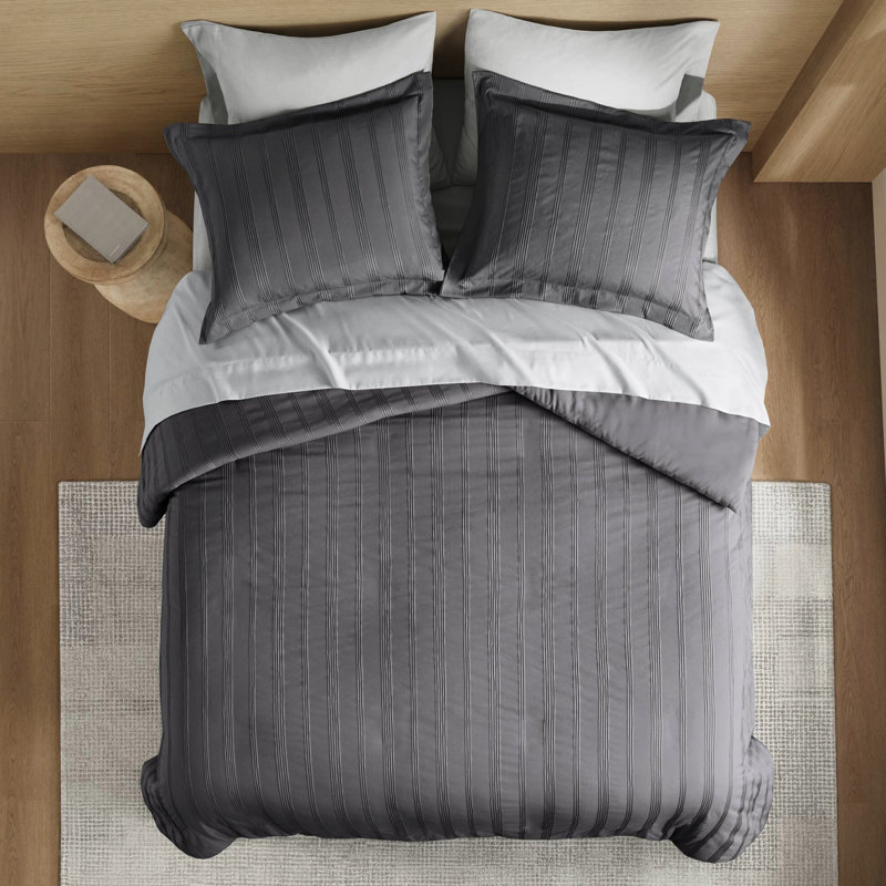 3 couettes avec taies décoratives à fermeture à enveloppe, tissé, gris anthracite, sophistication intemporelle à rayures, conception antidérapante, facile à laver