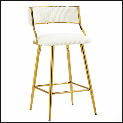 Luxueux tabourets de bar en velours côtelé avec base et repose-pieds en chrome doré, parfaits pour les îlots de cuisine et les comptoirs