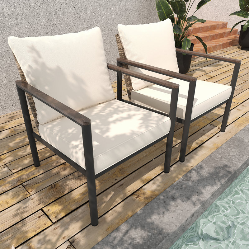 2Pcs Patio Metal Wicker Chairs with Cushions, Beige