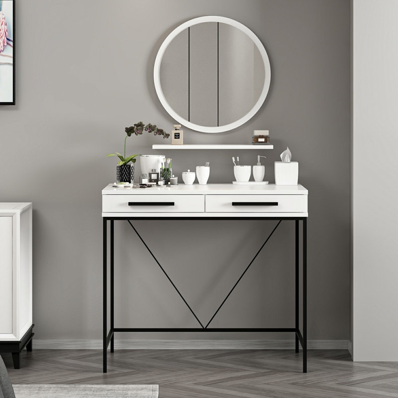 Table de maquillage moderne avec miroir, blanc, 35,4 x 31,5 x 17,7 pouces | 100% panneau de particules enduit de mélamine, épaisseur: 0,7 pouce | Design scandinave, élégant et fonctionnel pour les essentiels de beauté et la routine de soins de la pea
