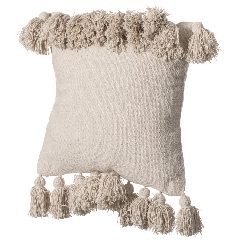 Handwoven Natural Cotton Throw Pillow with Tassels, 17"