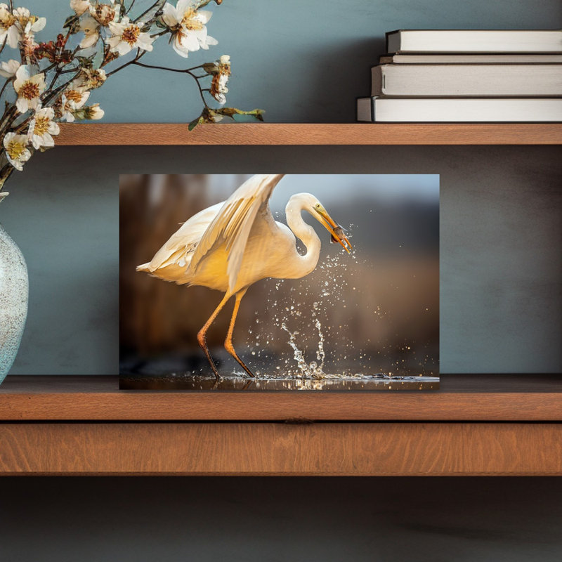 Egret Catches Fish Serene Contemporary Bird Fish Nature Wildlife Wall Art Print 1 Piece Wrapped Canvas Wall Art