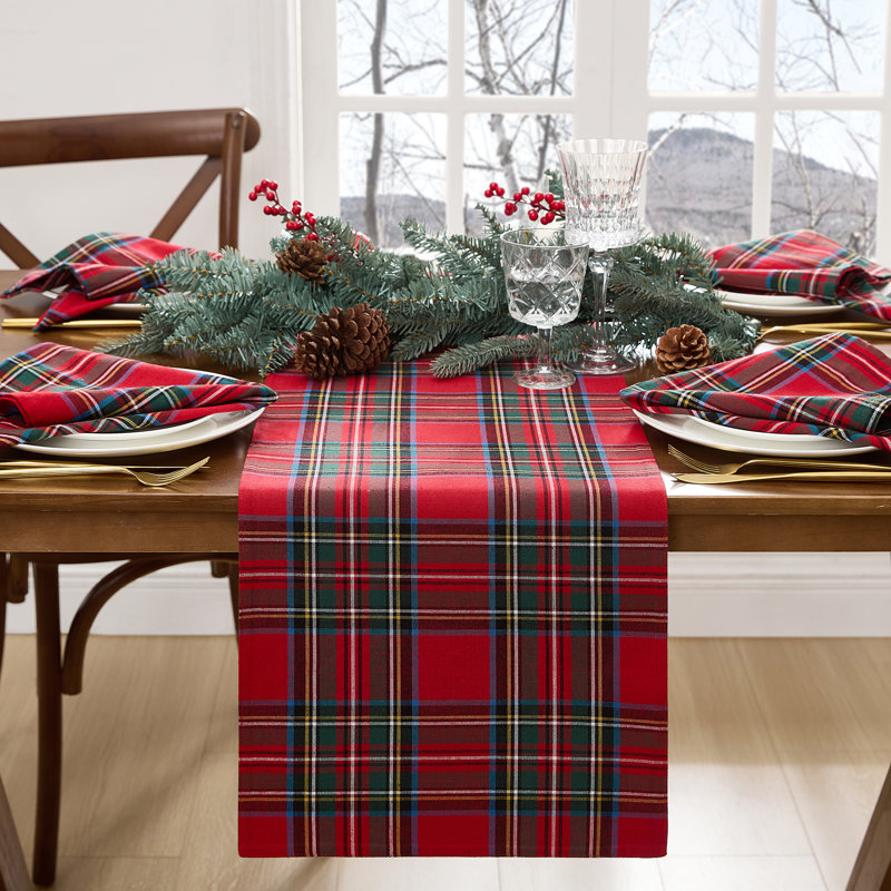 Kayleigha Holiday Plaid Christmas/Winter Cotton Table Runner, Red, 70" L x 13" D