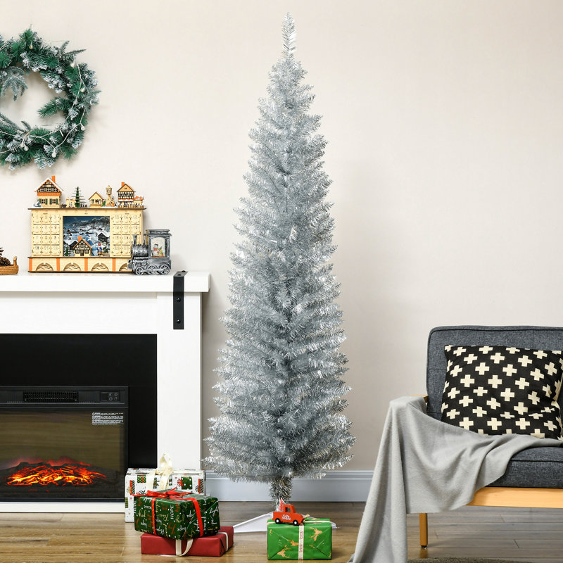 Arbre de Noël artificiel 6 pi avec arbre de Noël mince 6 pi avec 390 branches réalistes et base en plastique, H 6 pi, Blanc