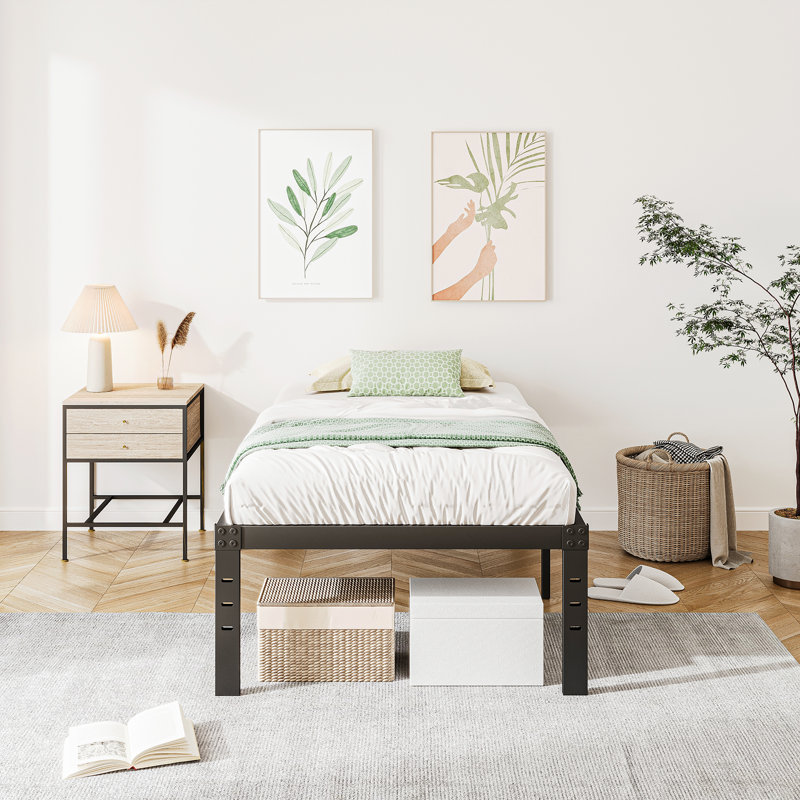 Amylia Heavy Duty 16"  Black Metal Bed Frame, No Box Spring Needed and Easy Assembly Platform Bed, Twin