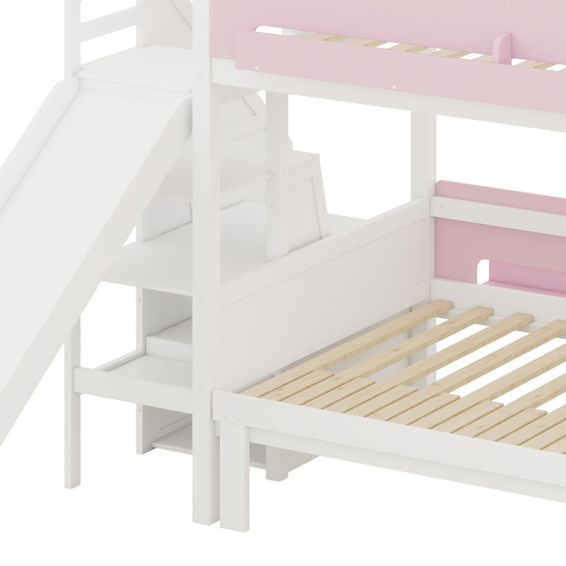 House-Shaped  Bunk Bed with Slide and Storage Staircase, White+Pink