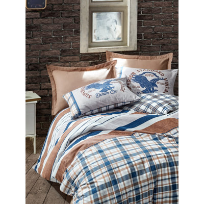 Ensemble de housse de couette 100% coton 4 pièces brun / bleu / blanc Stellert