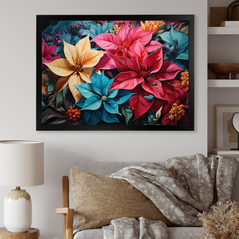 «Poinsettia Flower Burst», reproduction sur toile, H 24 po x l 32 po x P 1 po, Cadre photo noir