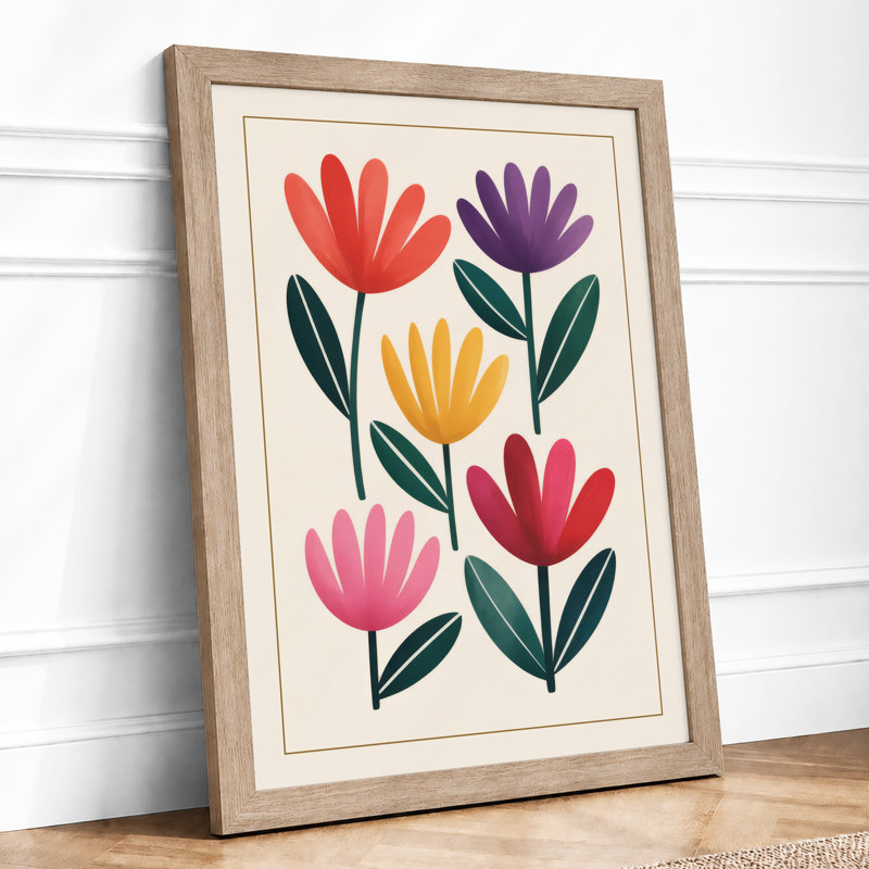 Five Stylized Blooms Botanical - Framed Print, A2 - 59.4 x 42.0 cm, Oak
