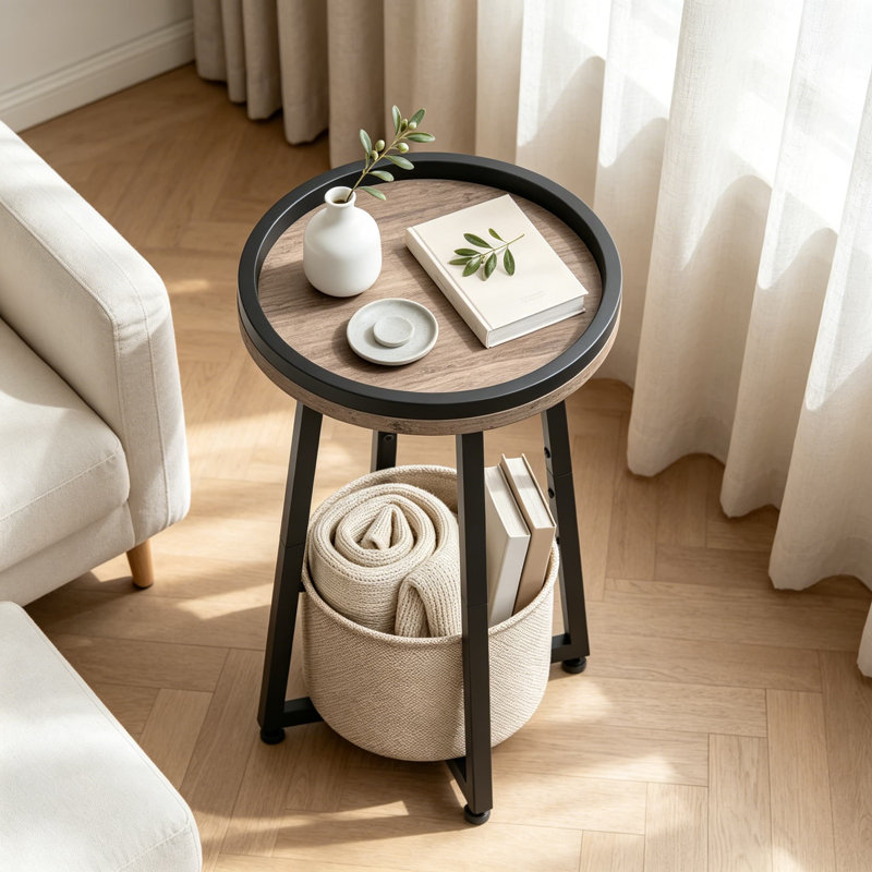 Petite table d'appoint ronde, table de bout à 2 niveaux avec panier de rangement en lin de coton, table de chevet compacte pour le salon, la chambre à coucher, le dortoir et les petits espaces