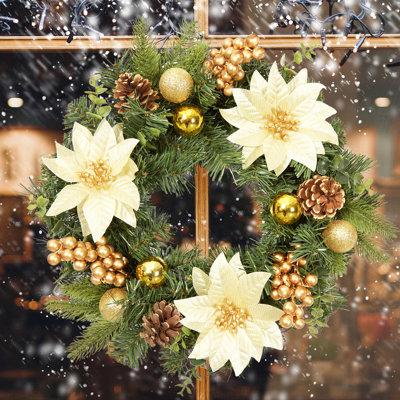 Couronne de Noël 16 pouces avec boules, fleurs artificielles, baies et pommes de pin pour fenêtre murale de cheminée