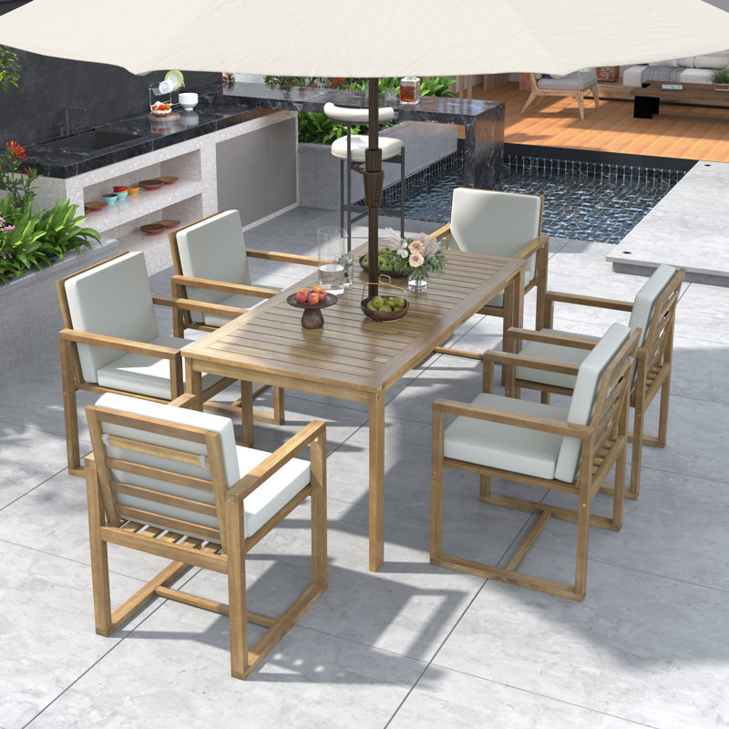 Ensemble de salle à manger de patio, table et chaises d'extérieur avec coussins amovibles pour patio, jardin, teck clair