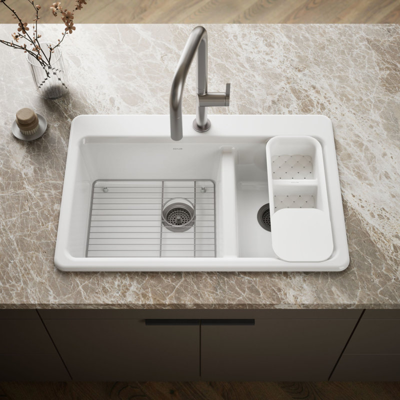 Kohler Riverby 33" x 22" x 9.63" Top-Mount Large/Medium Double-Bowl Kitchen Sink with Accessories and Single Faucet Hole