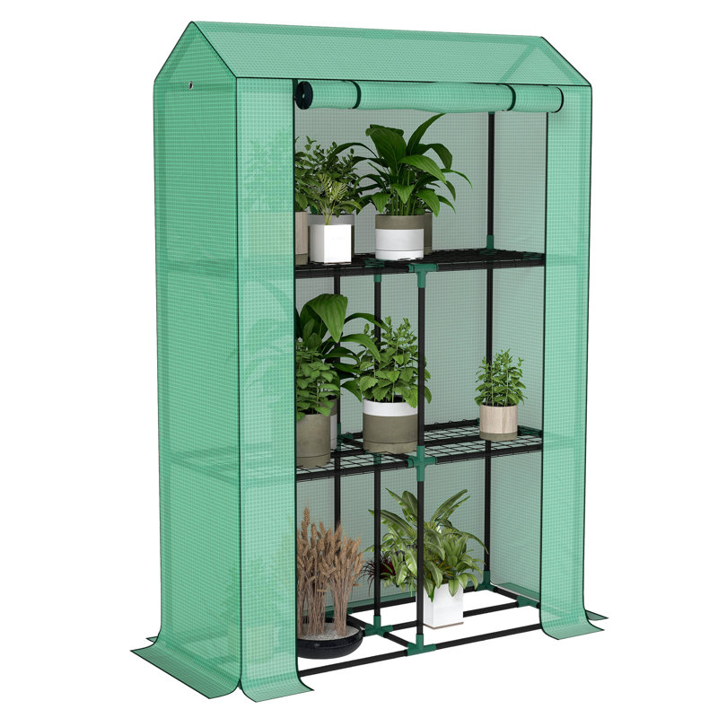 Mini serre avec 3 tablettes, porte à enroulement, vert