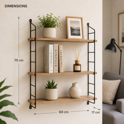 Zynix Étagère murale industrielle moderne 60 cm à 3 niveaux, étagère flottante en bois d'ingénierie et métal noir