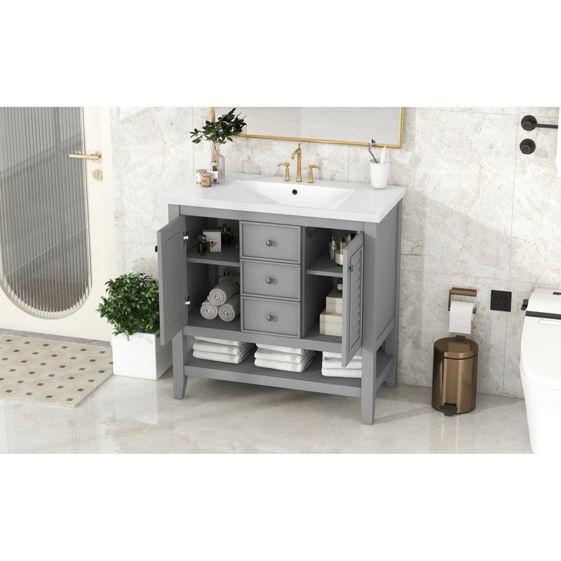 De salle de bain gris avec lavabo en céramique, deux armoires et tiroirs, tablette ouverte, structure en bois massif (sy999101aae-1)